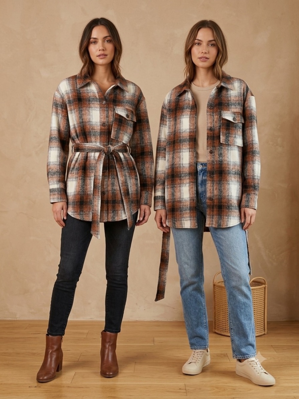Vici Brown Cream Plaid Belted Utility Jacket